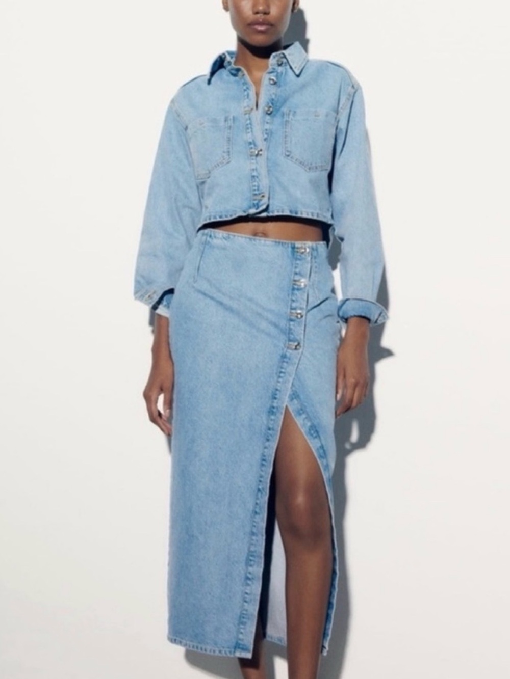 Zara Light Blue Denim Maxi Skirt with Front Slit